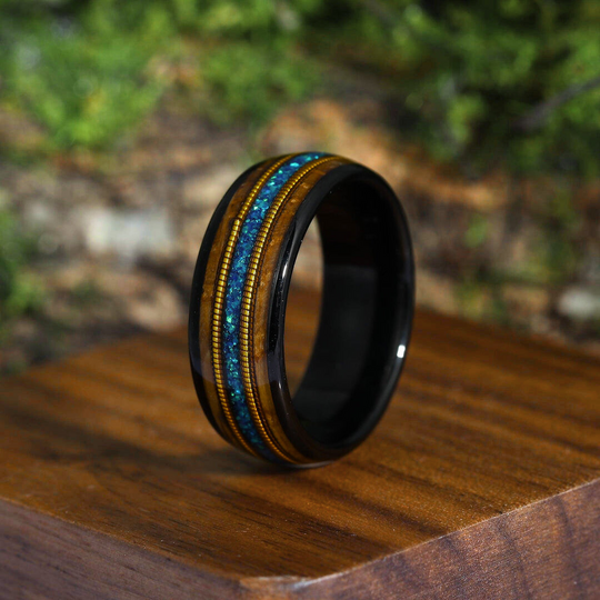 Double Barrel Wood 3A Blue Opal Double Guitar String Men's Tungsten Ring Unisex Wedding Band - Esdomera