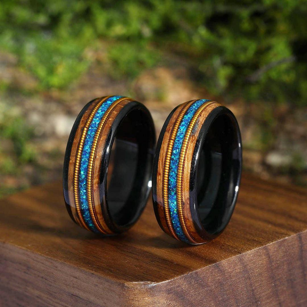 Double Barrel Wood 3A Blue Opal Double Guitar String Men's Tungsten Ring Unisex Wedding Band - Esdomera