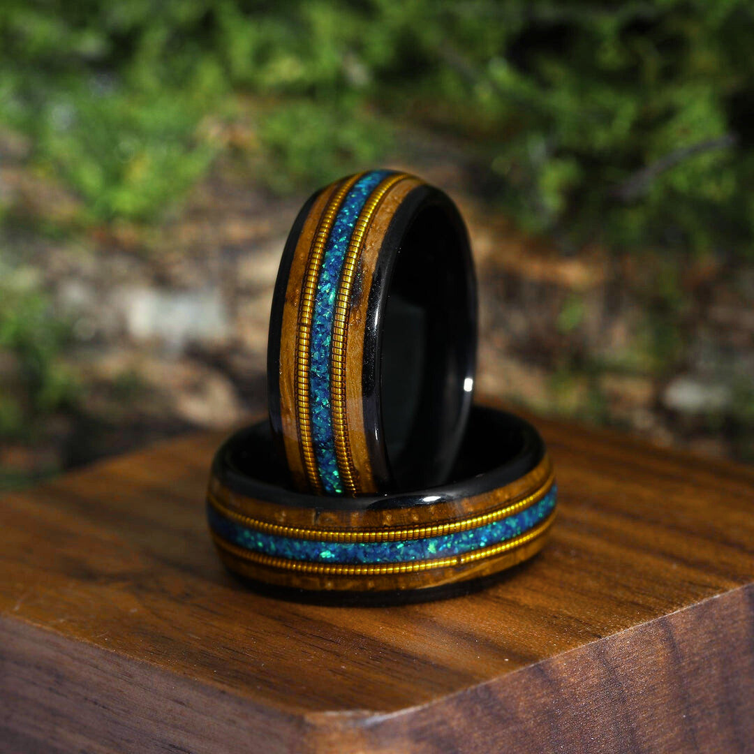 Double Barrel Wood 3A Blue Opal Double Guitar String Men's Tungsten Ring Unisex Wedding Band - Esdomera