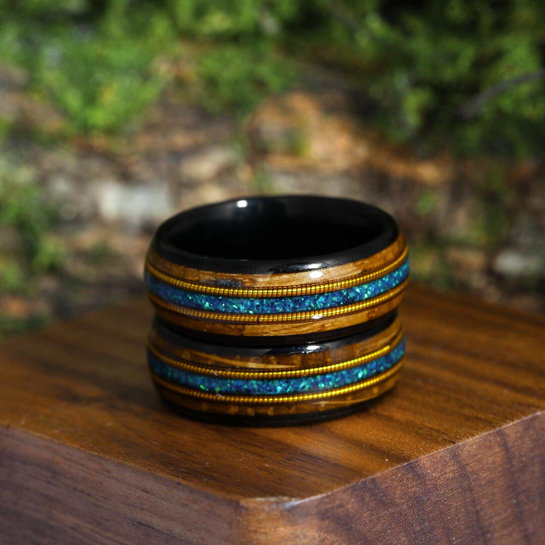 Double Barrel Wood 3A Blue Opal Double Guitar String Men's Tungsten Ring Unisex Wedding Band - Esdomera