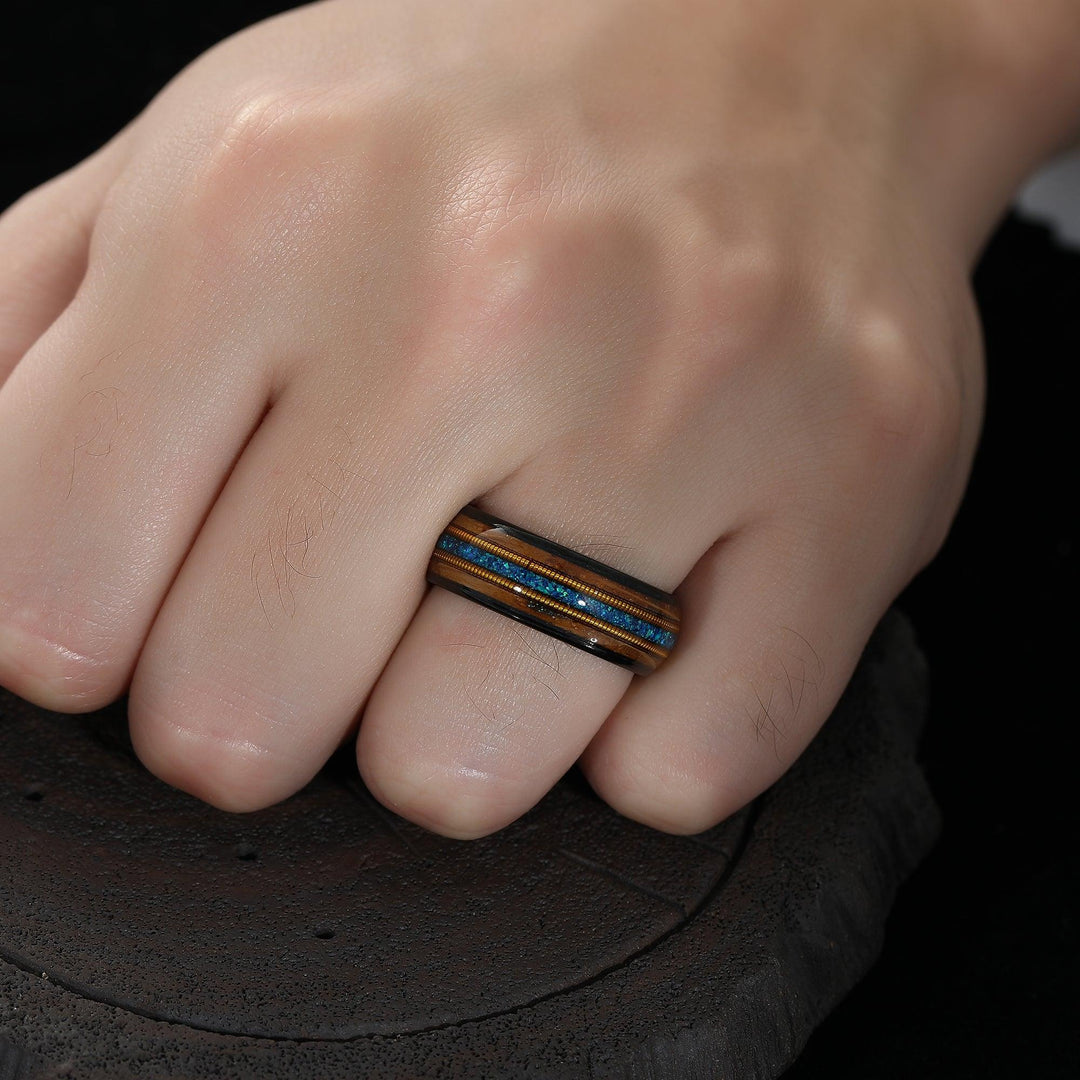 Double Barrel Wood 3A Blue Opal Double Guitar String Men's Tungsten Ring Unisex Wedding Band - Esdomera