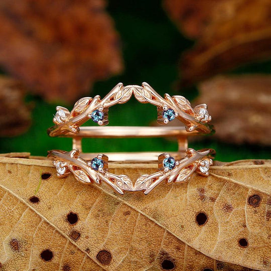 Double Curved 14k 18k Rose Gold Round Sapphire Leaf Nesting Band Ring - Esdomera