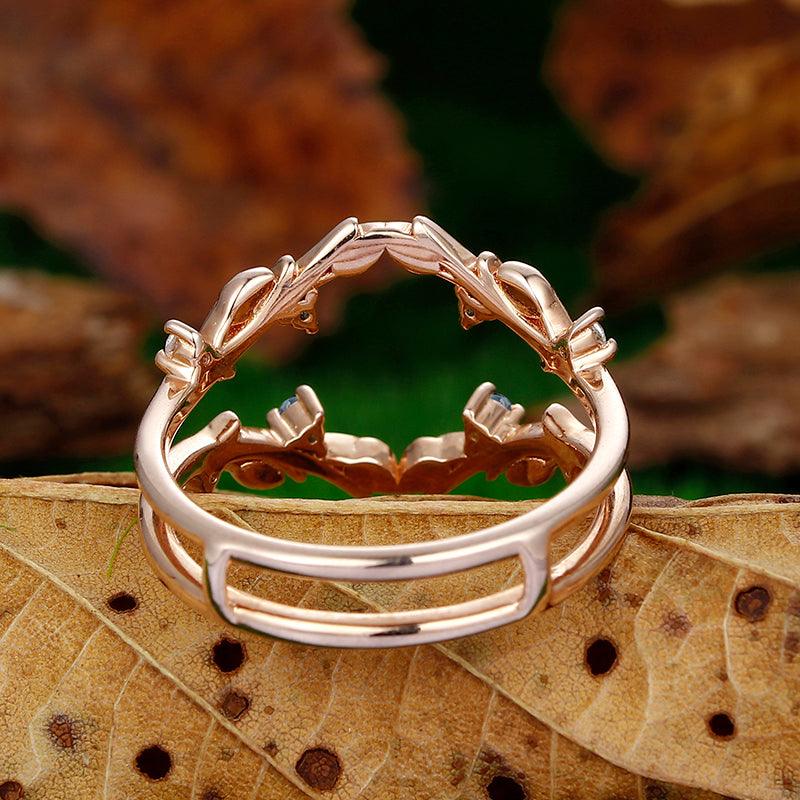Double Curved 14k 18k Rose Gold Round Sapphire Leaf Nesting Band Ring - Esdomera