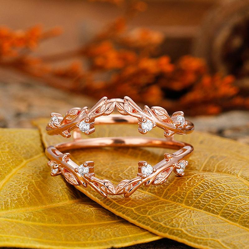 Double Curved 14k Rose Gold Half Eternity leaf design Stackable Anniversary Ring - Esdomera