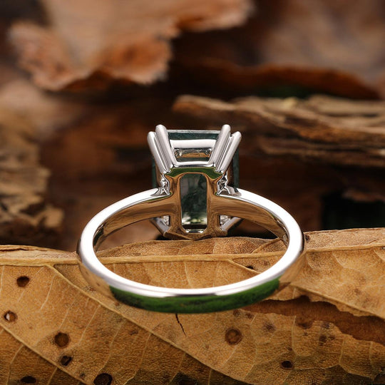 Double Prongs Emerald Cut Natural Moss Agate Engagement Ring Solitaire Gemstone Bridal Promise Ring - Esdomera