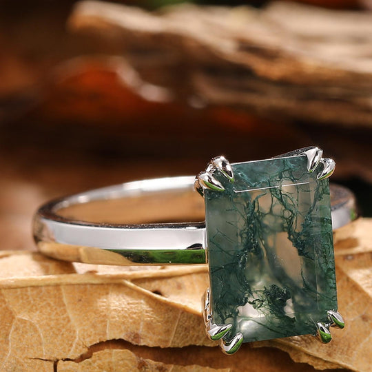 Double Prongs Emerald Cut Natural Moss Agate Engagement Ring Solitaire Gemstone Bridal Promise Ring Handcrafted Ring - Esdomera