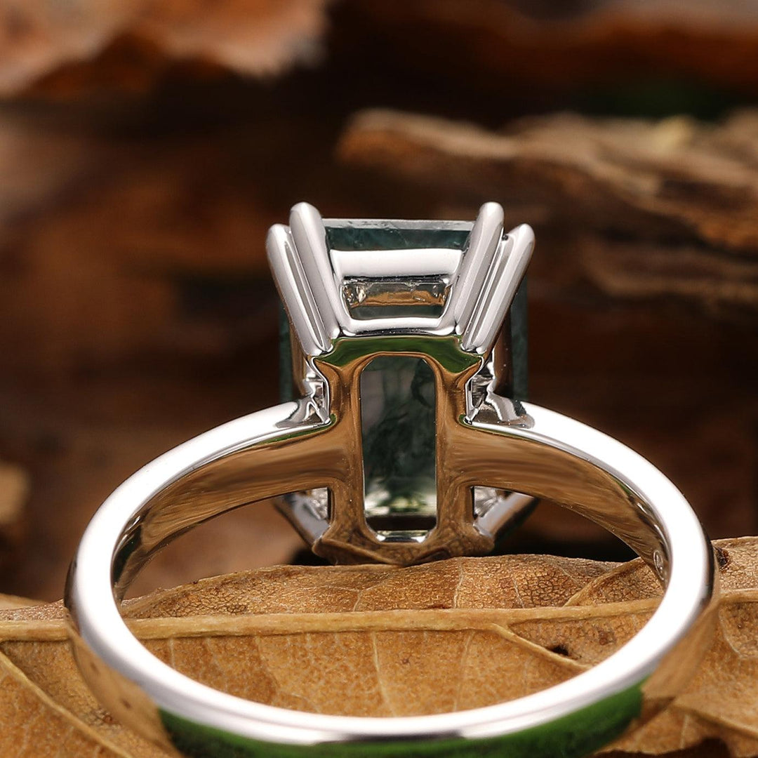 Double Prongs Emerald Cut Natural Moss Agate Engagement Ring Solitaire Gemstone Bridal Promise Ring Handcrafted Ring - Esdomera