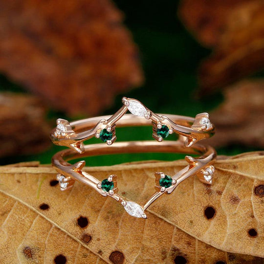 Double Twig Round Cut Emerald 14k Rose Gold Wedding Band - Esdomera