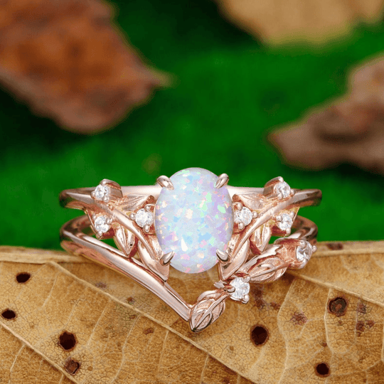 Dreamy Oval Pink White Opal Engagement Leaf Couples Ring Set Dome Tungsten Matching Couples Promise Ring - Esdomera