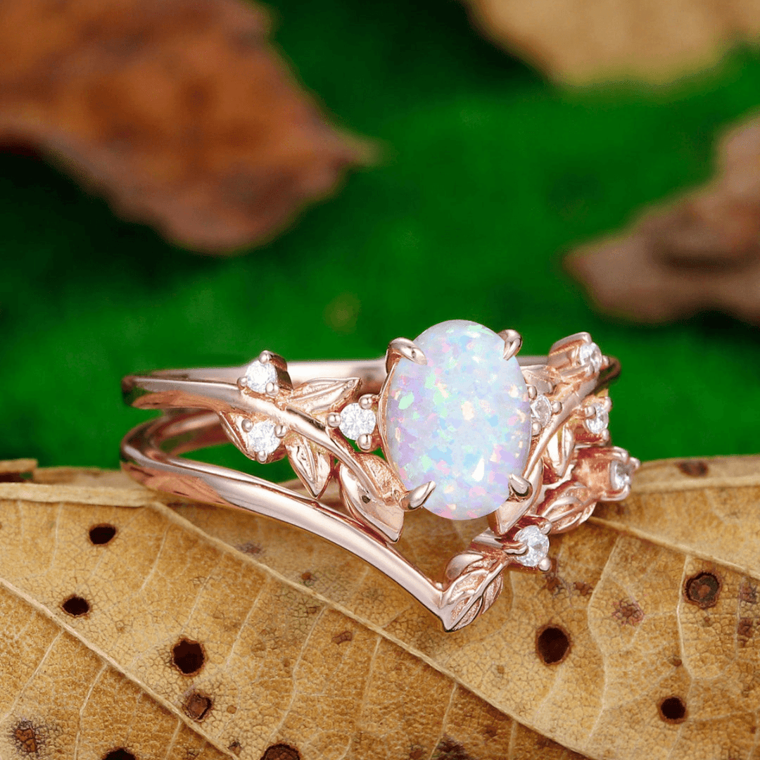 Dreamy Oval Pink White Opal Engagement Leaf Couples Ring Set Dome Tungsten Matching Couples Promise Ring - Esdomera