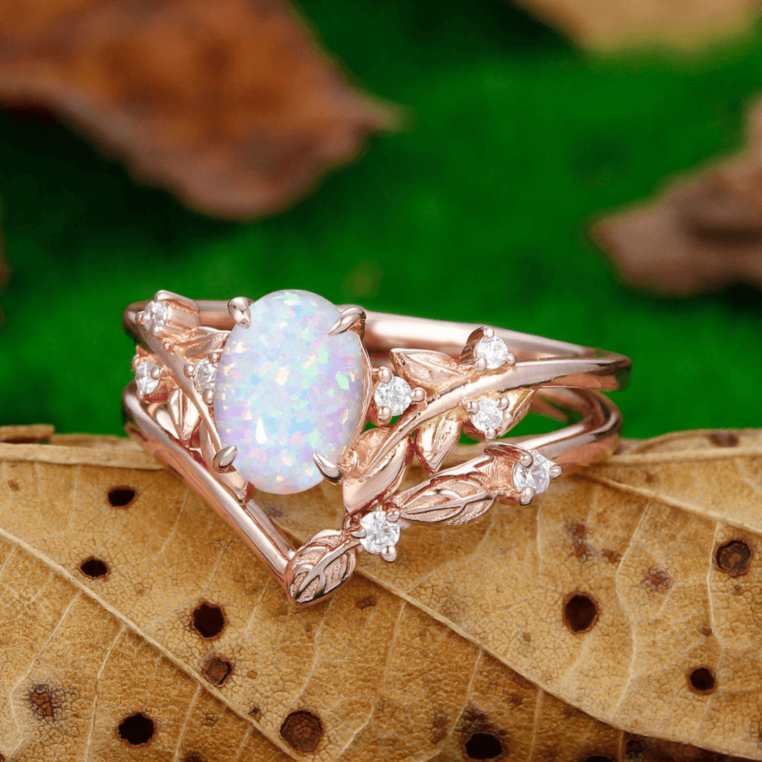 Dreamy Oval Pink White Opal Engagement Leaf Couples Ring Set Dome Tungsten Matching Couples Promise Ring - Esdomera