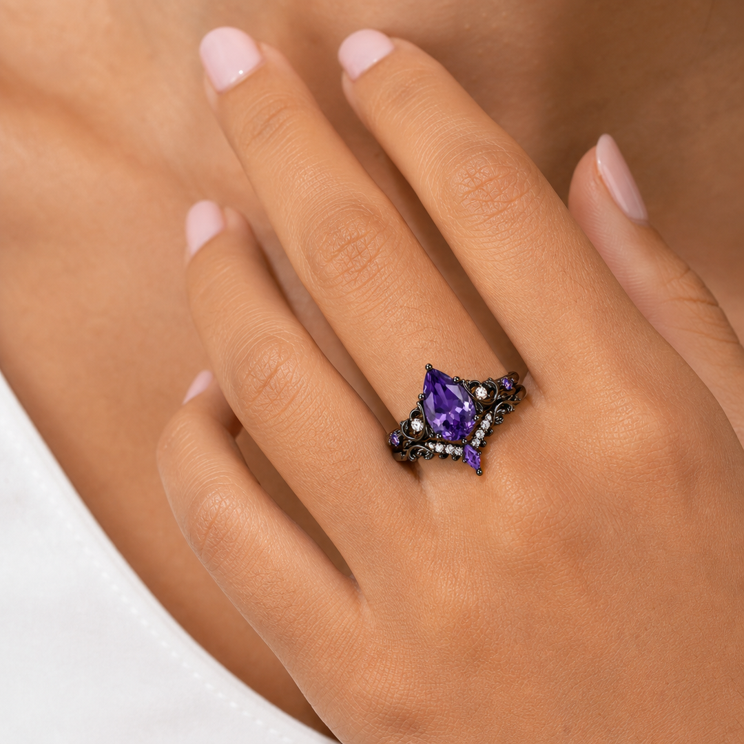 Botanical 1.5CT Pear Amethyst 2pcs Bridal Ring Set Leaf Design Engagement Ring Set