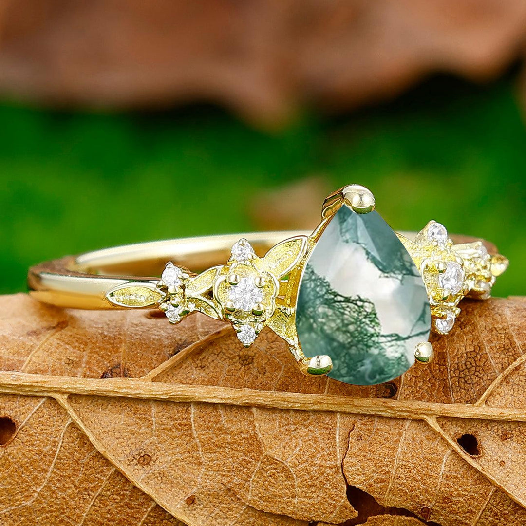 Elegant Floral Pear Cut Natural Moss Agate Engagement Ring Anniversary Birthday Ring - Esdomera