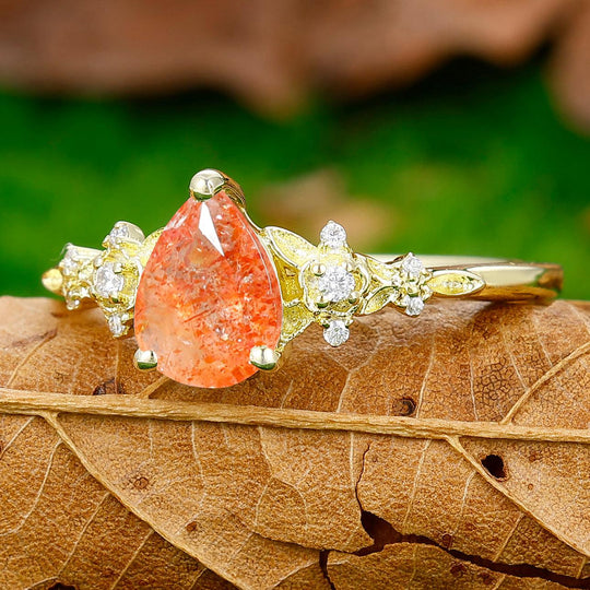 Elegant Floral Pear Cut Natural Sunstone Engagement Ring Anniversary Bridal Ring - Esdomera