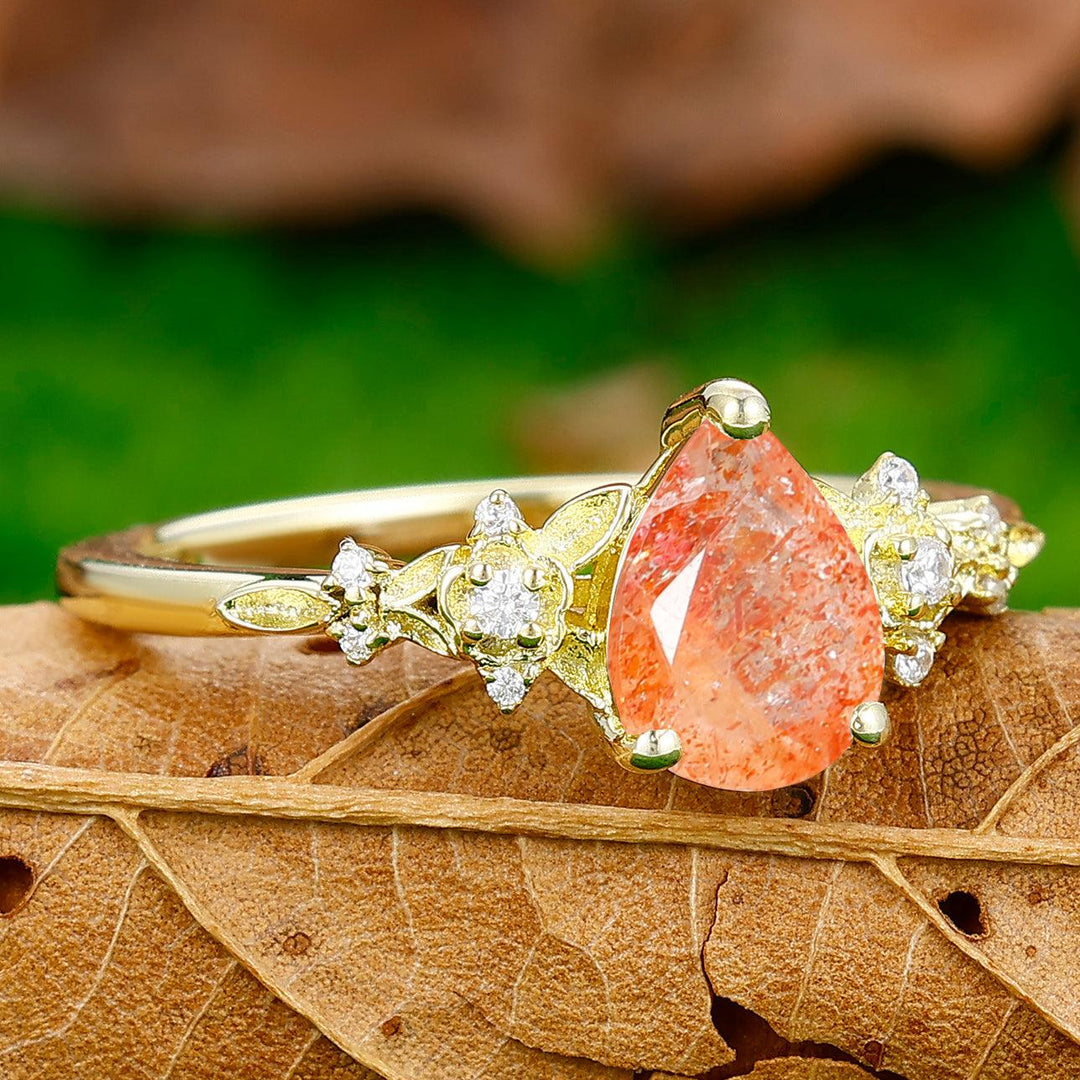 Elegant Floral Pear Cut Natural Sunstone Engagement Ring Anniversary Bridal Ring - Esdomera