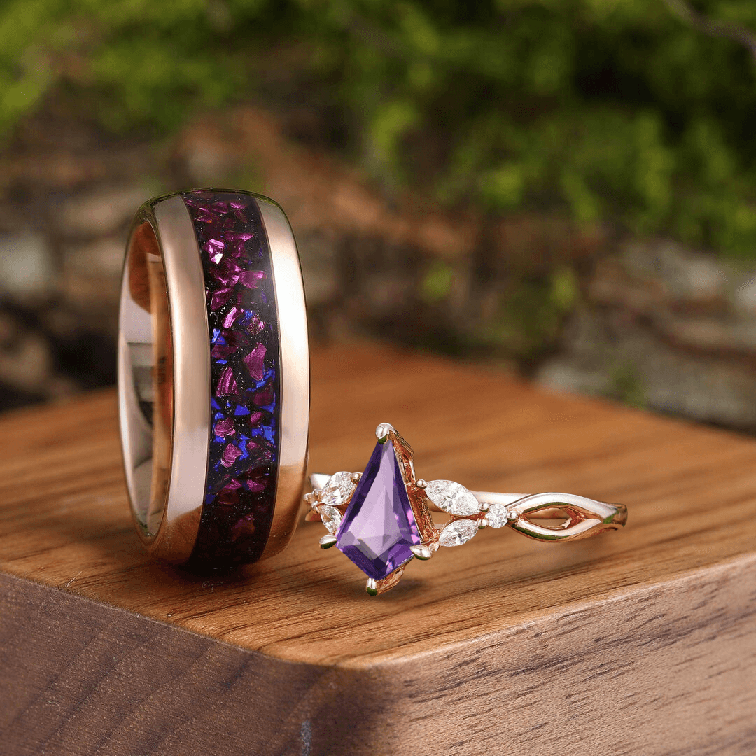 Elegant Kite Cut Amethyst Hollow Engagement Couples Ring Blue Sandstone Amethyst Tungsten Marriage Ring - Esdomera