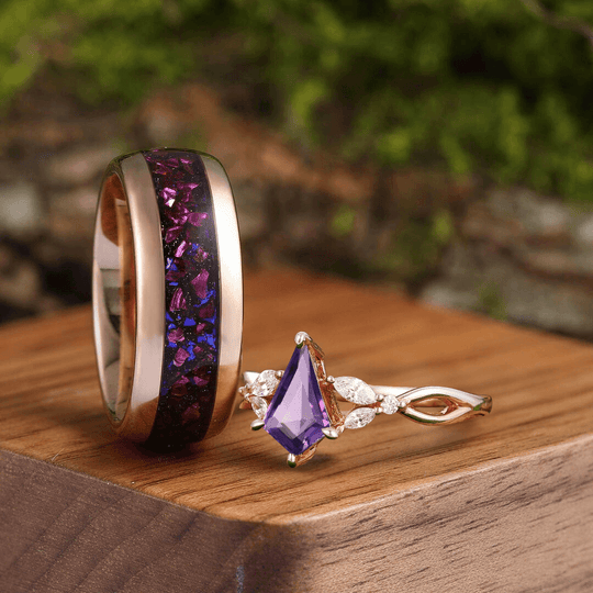 Elegant Kite Cut Amethyst Hollow Engagement Couples Ring Blue Sandstone Amethyst Tungsten Marriage Ring - Esdomera