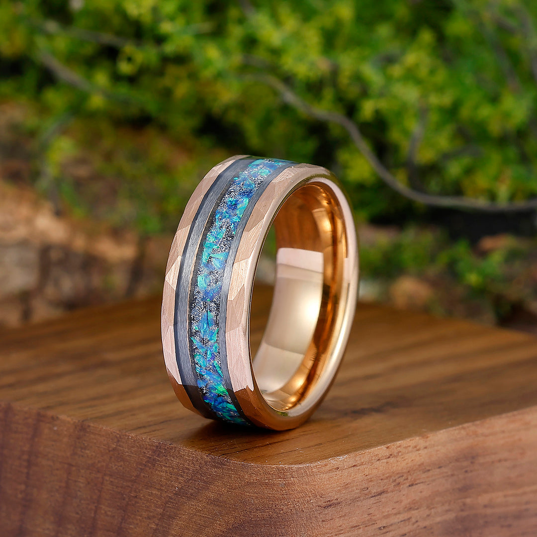 Elegant Men's 8mm Tungsten Ring Blue Opal Inset - Black, Rose Gold, Yellow Gold Anniversary & Promise Ring - Esdomera