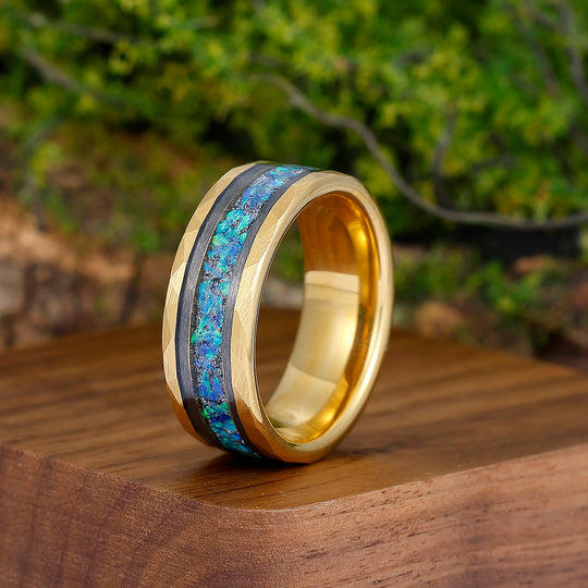 Elegant Men's 8mm Tungsten Ring Blue Opal Inset - Black, Rose Gold, Yellow Gold Anniversary & Promise Ring - Esdomera