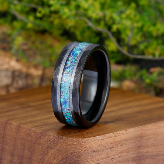 Elegant Men's 8mm Tungsten Ring Blue Opal Inset - Black, Rose Gold, Yellow Gold Anniversary & Promise Ring - Esdomera