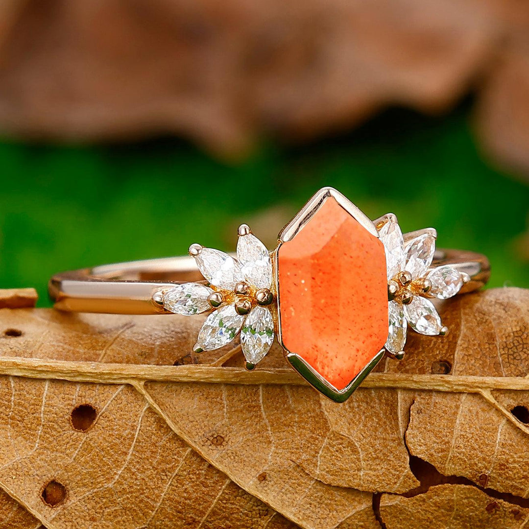 Elongated Hexagon Cut Sunstone Ring Petal Shape Women Anniversary Ring - Esdomera