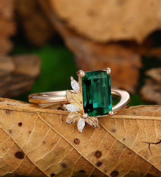 Emerald Cut 14k Rose Gold Vintage Emerald Gold Engagement Ring - Esdomera