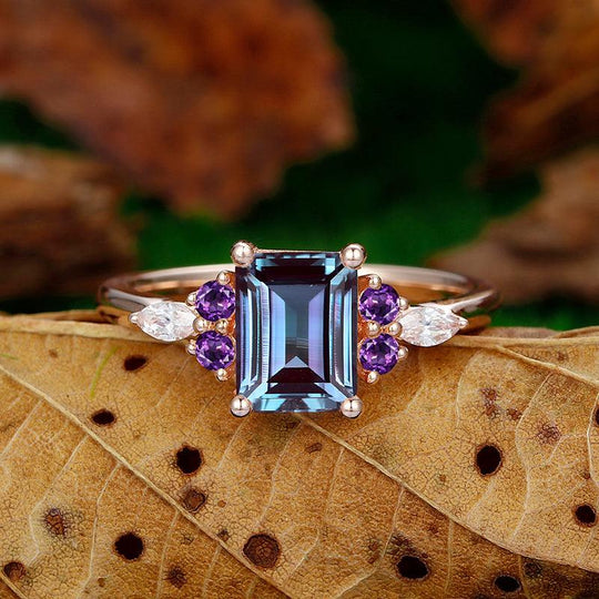 Emerald Cut 2.0CT Alexandrite Engagement Dainty Ring Amethyst Gemstone Inlaid Women's Ring Anniversary Bridal Ring Gift - Esdomera