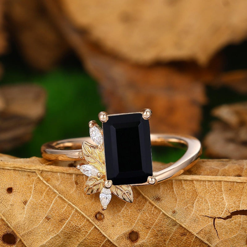 Emerald Cut Black Onyx Leaf Ring Art Deco Cluster Moissanite Ring - Esdomera