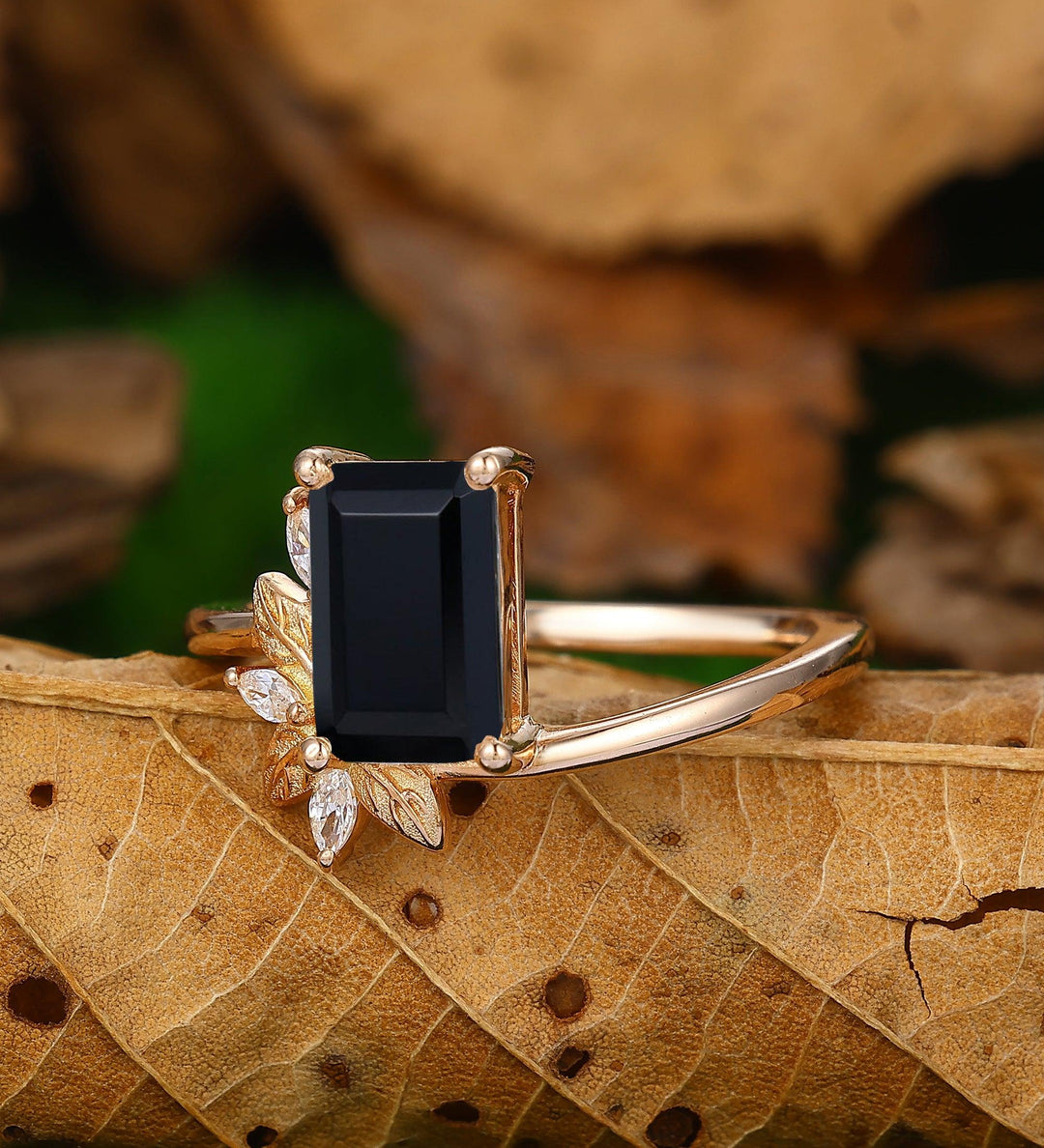 Emerald Cut Black Onyx Leaf Ring Art Deco Cluster Moissanite Ring - Esdomera