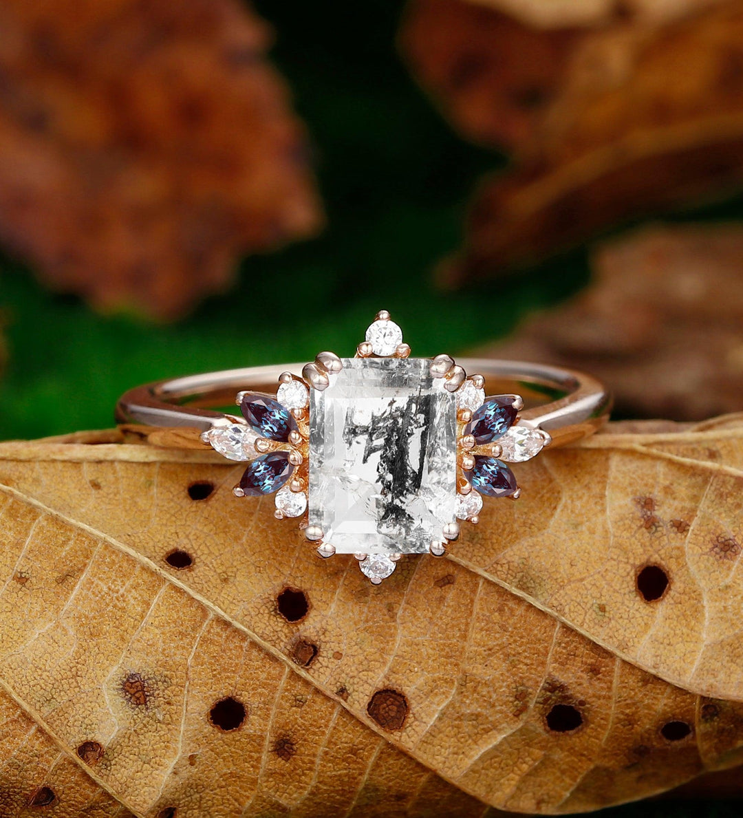 Emerald Cut Herkimer Diamond Wedding Ring Vintage Alexandrite Ring