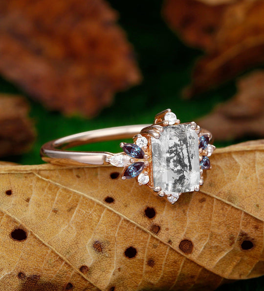 Emerald Cut Herkimer Diamond Wedding Ring Vintage Alexandrite Ring Dainty Proposal Ring Women - Esdomera