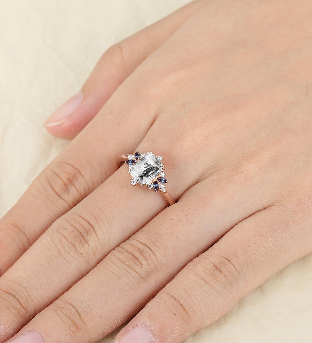 Emerald Cut Herkimer Diamond Wedding Ring Vintage Alexandrite Ring Dainty Proposal Ring Women - Esdomera