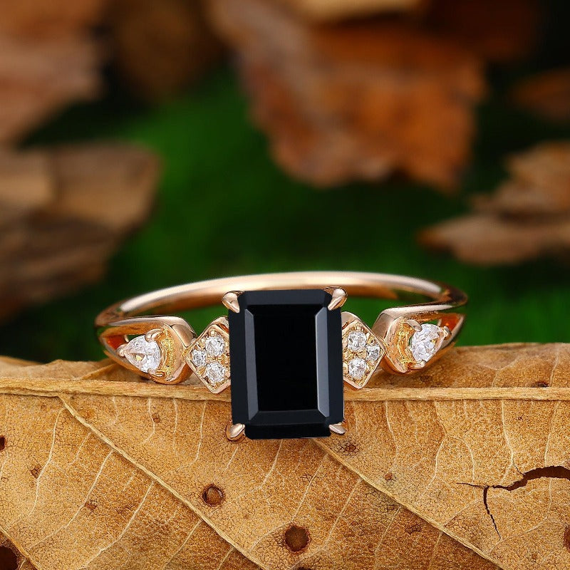 Black Onyx Engagement Ring 4ct Emerald Cut 14K Rose Gold Engagement Ring Cluster Ring hotsell Moissanite Bridal Ring Promise Ring Anniversary Gift