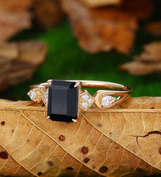 Emerald Cut Natural Black Onyx 14k Rose Gold Unique Engagement Ring - Esdomera