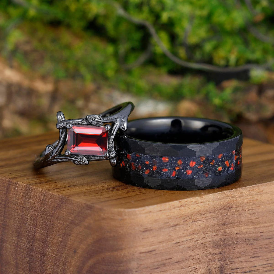 Emerald Cut Red Garnet Branches Couples Ring Set Red Opal Tungsten Matching His and Hers Wedding Band - Esdomera