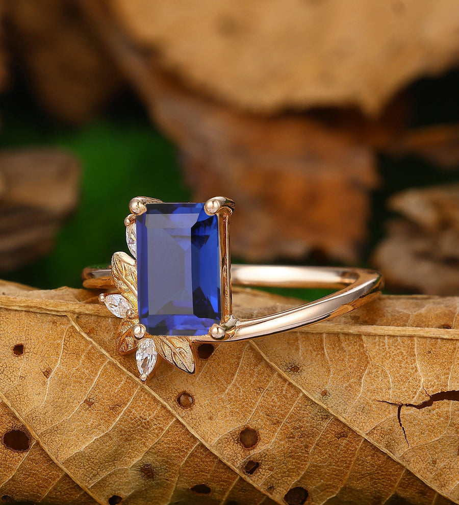 Emerald Cut Sapphire Vintage Three Stone 14k Yellow Gold Moissanite Ring - Esdomera