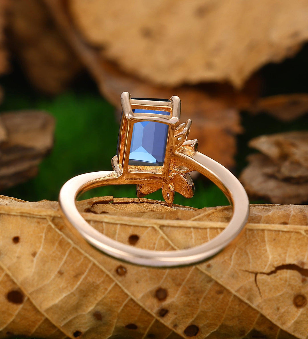 Emerald Cut Sapphire Vintage Three Stone 14k Yellow Gold Moissanite Ring - Esdomera