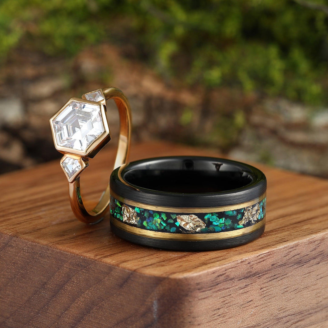 Emerald Green Fire Opal Gold Leaf Couples Ring Set Rose Gold Hexagon Cut Moissanite Matching Band - Esdomera