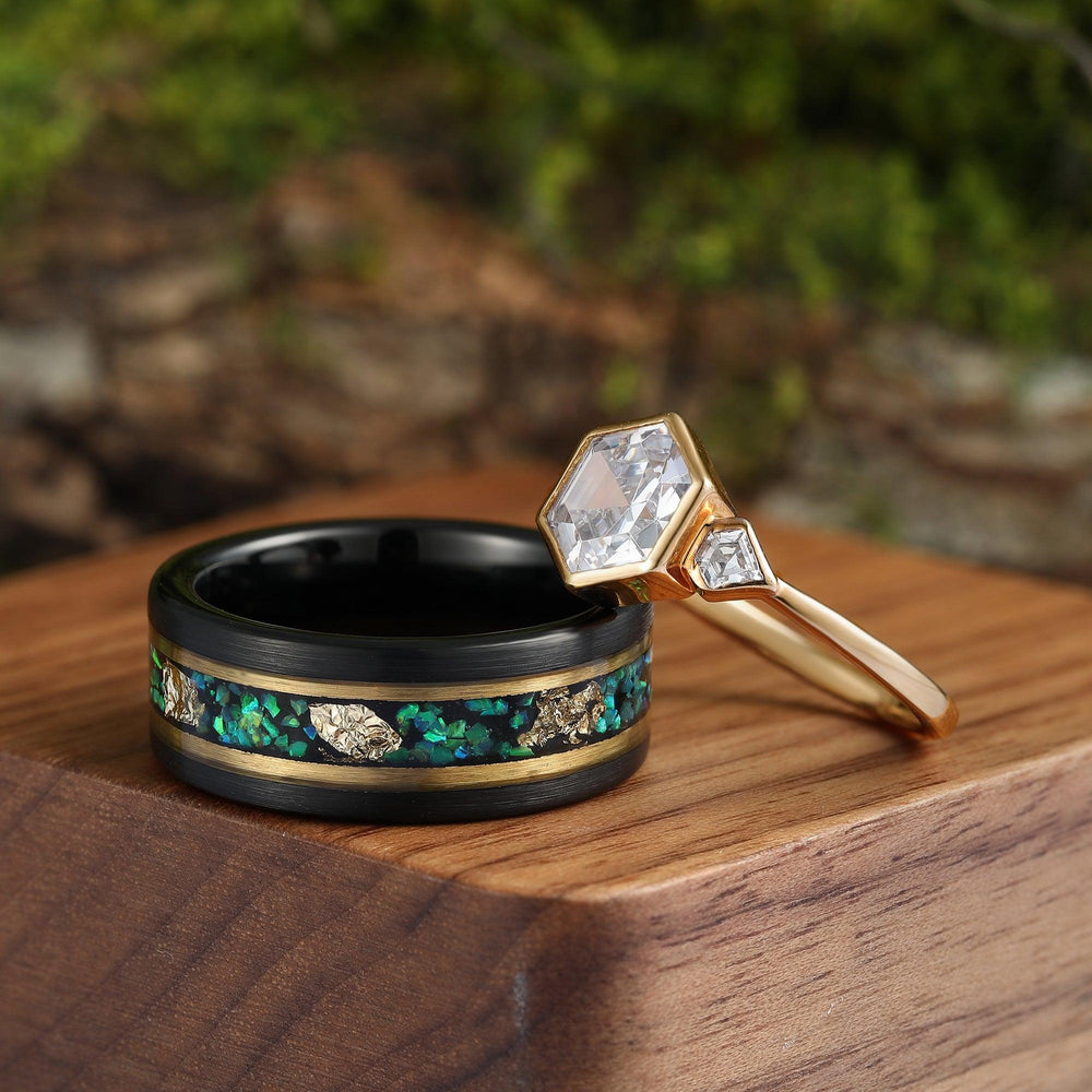 Emerald Green Fire Opal Gold Leaf Couples Ring Set Rose Gold Hexagon Cut Moissanite Matching Band - Esdomera