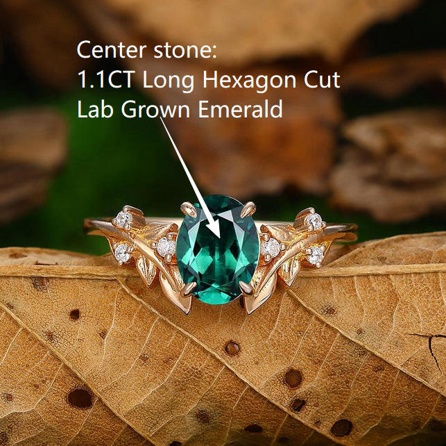 Custom Order - 1.1CT Long Hexagon Cut Emerald Leaf Design Engagement Ring -  Esdomera.com
