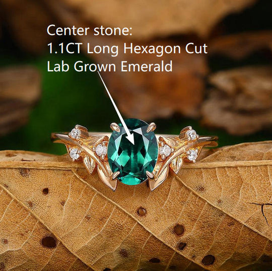 Custom Order - 1.1CT Long Hexagon Cut Emerald Leaf Design Engagement Ring -  Esdomera.com