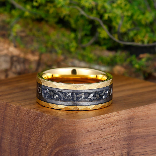 Engravable 8mm Hammered Tungsten Wedding Ring With Black Meteorite Men's Anniversary Band - Esdomera