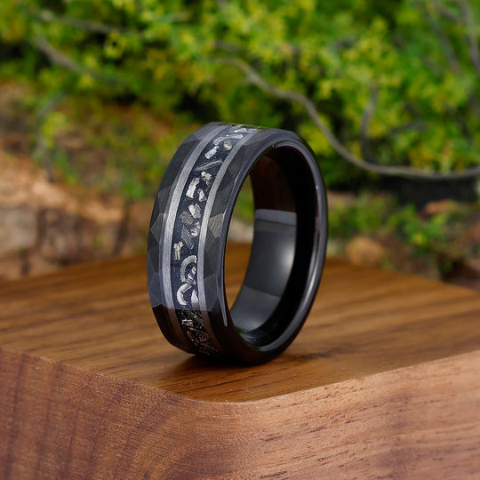 Engravable 8mm Hammered Tungsten Wedding Ring With Black Meteorite Men's Anniversary Band - Esdomera