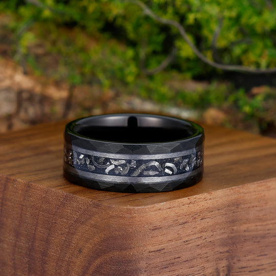 Engravable 8mm Hammered Tungsten Wedding Ring With Black Meteorite Men's Anniversary Band - Esdomera