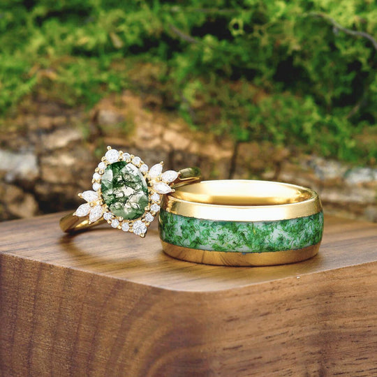 Eternal Moss Agate Petal Design Couples Ring Set Matching Tungsten Ring Set - Esdomera