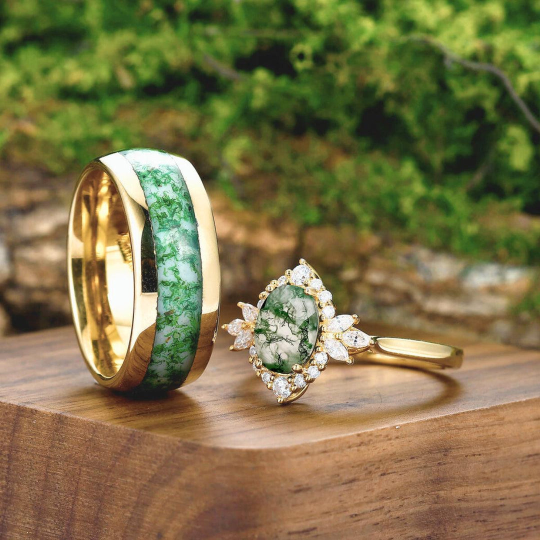 Eternal Moss Agate Petal Design Couples Ring Set Matching Tungsten Ring Set - Esdomera