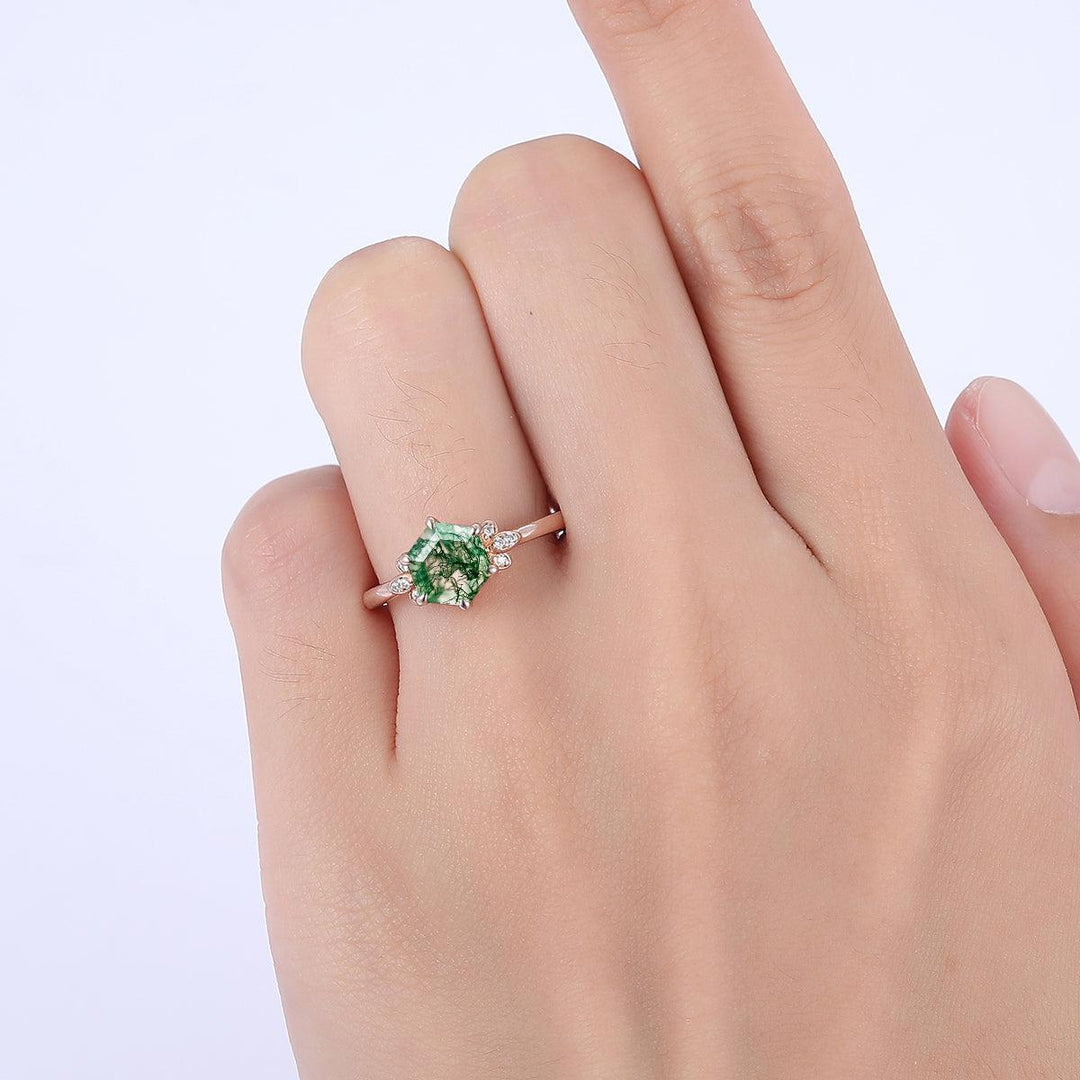 Exquisite Hexagon Cut Natural Moss Agate Engagement Ring For Anniversary Gift - Esdomera