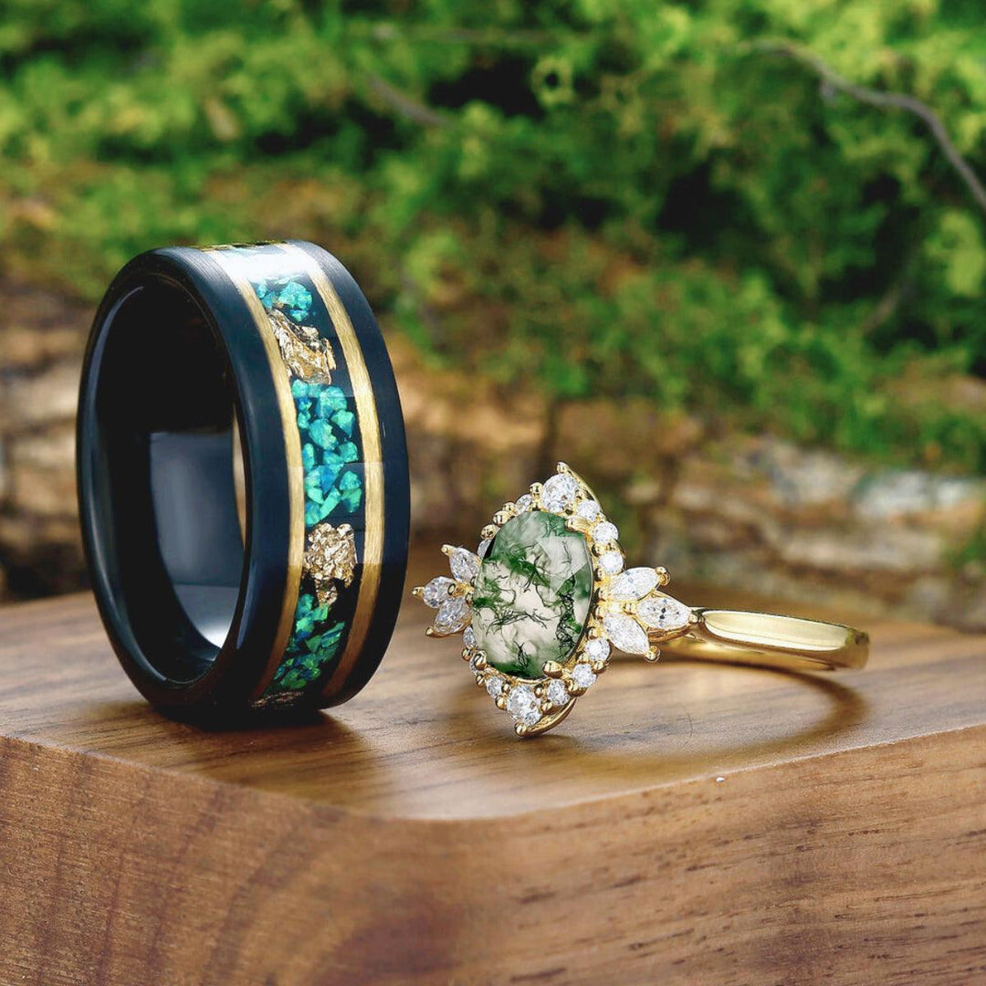 Exquisite Moss Agate Cluster His and Hers Wedding Ring Matching Tungsten Couples Ring - Esdomera