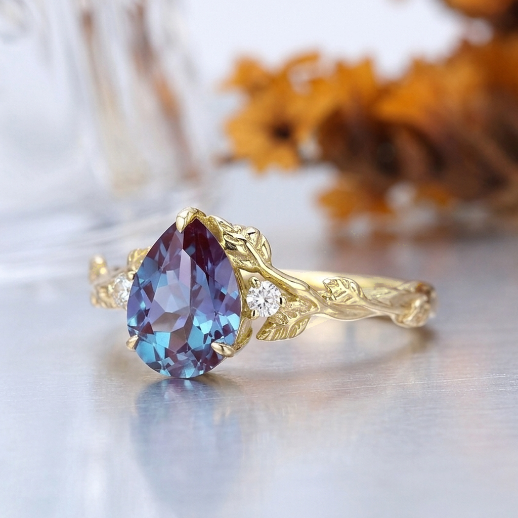 1.5CT Pear Cut Alexandrite Fern Vine Engagement Ring, 14K Gold