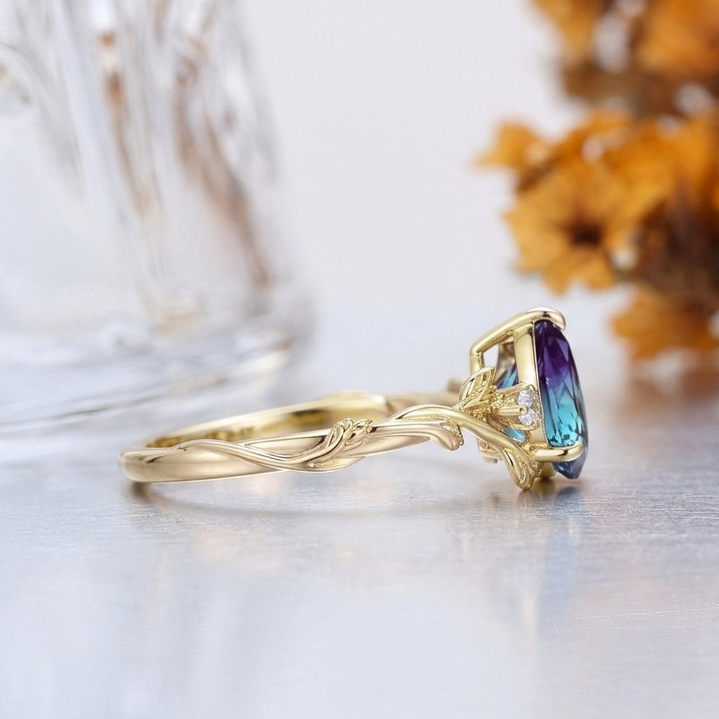 1.5CT Pear Cut Alexandrite Fern Vine Engagement Ring, 14K Gold